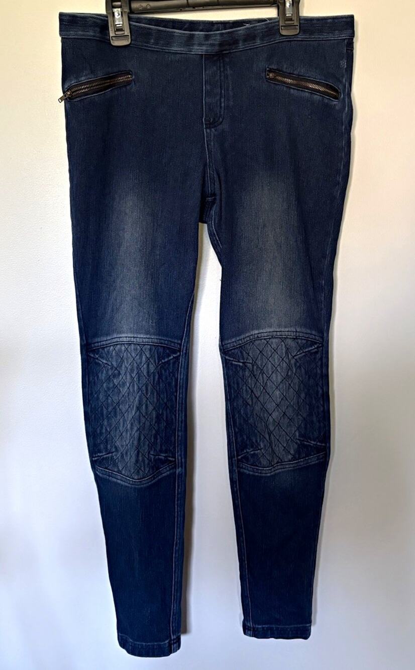 HUE Women’s Blue Denim Skinny Stretch jeggings Quilted Knees Zipper Pockets, L